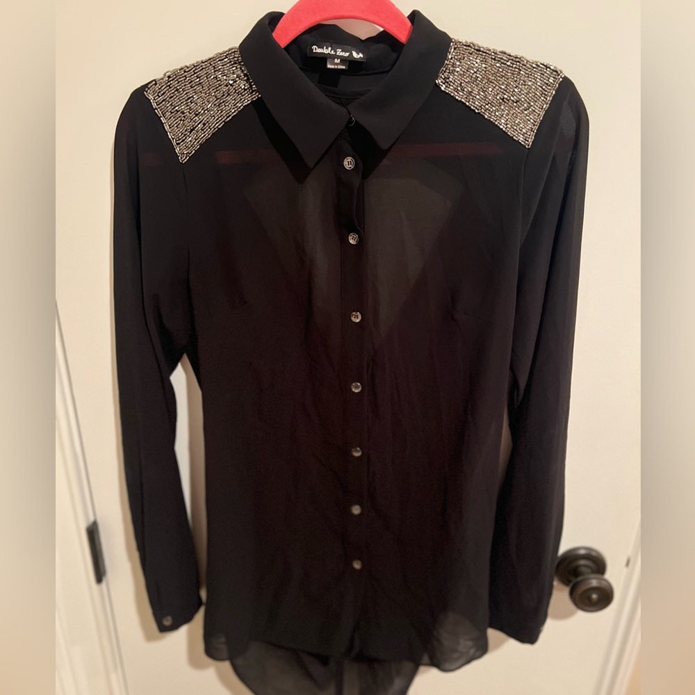 Black Sequin Button Down Top